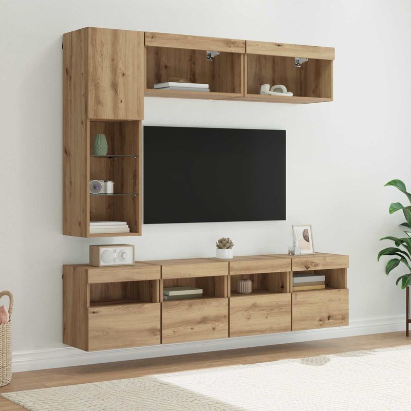 Casa si Gradina - Mobilier - Comode si corpuri - Comode - Cabinet TV Pe perete 7 pcs Stejar Artizanal Lemn compozit - Infinity.ro