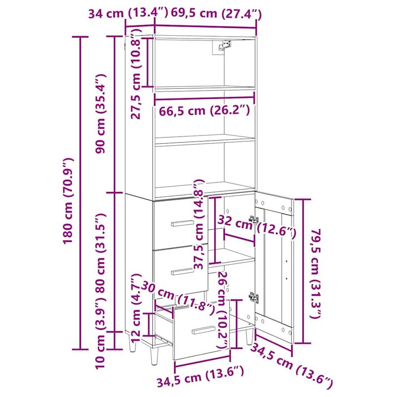 Casa si Gradina - Mobilier - Comode si corpuri - Corpuri bucatarie - Bufet Stejar Artizanal 69,5 x 32,5 x 180 cm Lemn compozit - Infinity.ro