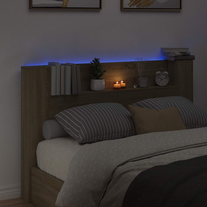 Casa si Gradina - Mobilier - Paturi si accesorii - Accesorii paturi - Tablie de pat cu LED, albastru, 93x16x78/88 cm, textil - Infinity.ro