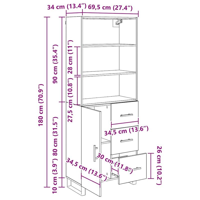 Casa si Gradina - Mobilier - Comode si corpuri - Comode - Bufet Lemn Vechi 69,5 x 34 x 180 cm Lemn Stratificat si Sticla - Infinity.ro