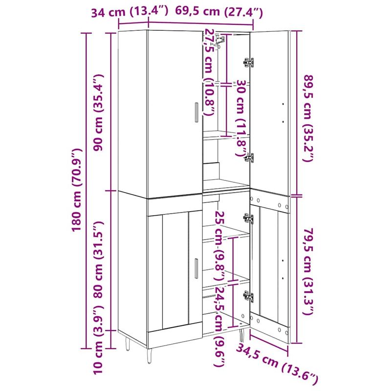 Casa si Gradina - Mobilier - Comode si corpuri - Comode - Bufet Lemn Vechi 69,5 x 34 x 180 cm Lemn Stratificat si Sticla - Infinity.ro