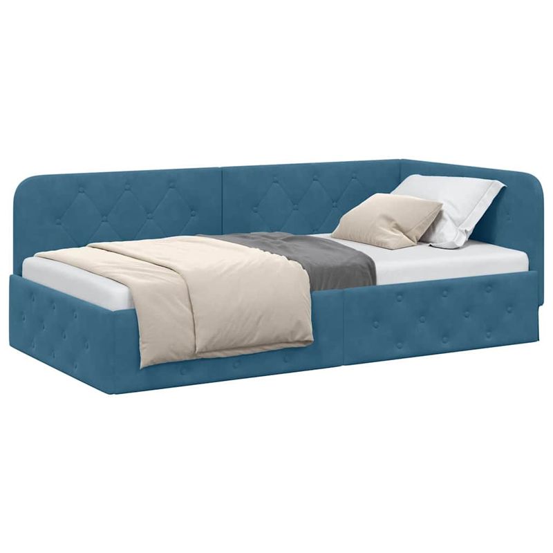 Casa si Gradina - Mobilier - Paturi si accesorii - Paturi - Cadru de pat coltar cu headboard albastru 90 x 190 cm Catifea - Infinity.ro