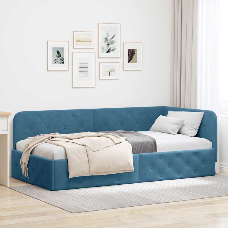 Casa si Gradina - Mobilier - Paturi si accesorii - Paturi - Cadru de pat coltar cu headboard albastru 100 x 200 cm Catifea - Infinity.ro