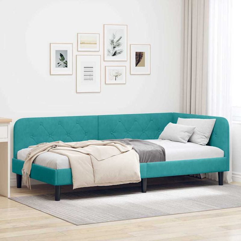 Casa si Gradina - Mobilier - Paturi si accesorii - Paturi - Cadru de pat coltar cu headboard Turcoaz 90 x 190 cm Catifea - Infinity.ro
