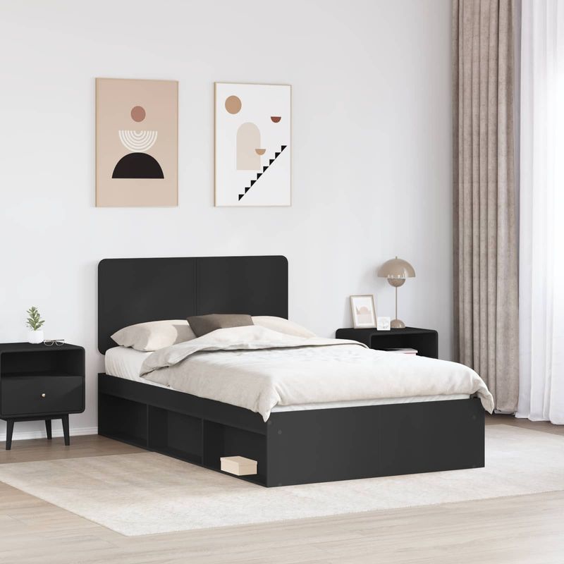 Casa si Gradina - Mobilier - Paturi si accesorii - Paturi - Cadru de pat cu headboard Negru 135 x 190 cm Lemn de pin masiv - Infinity.ro