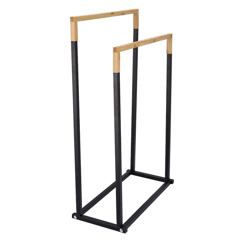 Casa si Gradina - Sanitare - Suporturi si accesorii baie - Accesorii baie - Suport prosoape Jumi, pe doua randuri, metal si bambus, negru si maro, 76x45x22 cm - Infinity.ro