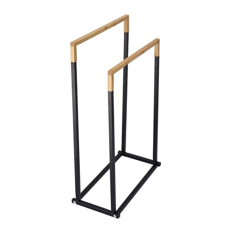 Casa si Gradina - Sanitare - Suporturi si accesorii baie - Accesorii baie - Suport prosoape Jumi, pe doua randuri, metal si bambus, negru si maro, 76x45x22 cm - Infinity.ro