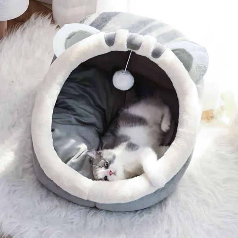 Petshop - Accesorii petshop - Culcusuri si custi - Culcusuri si saltele - Pat tip cusca Jumi, pentru pisici, din plus, gri, 45x37 cm - Infinity.ro