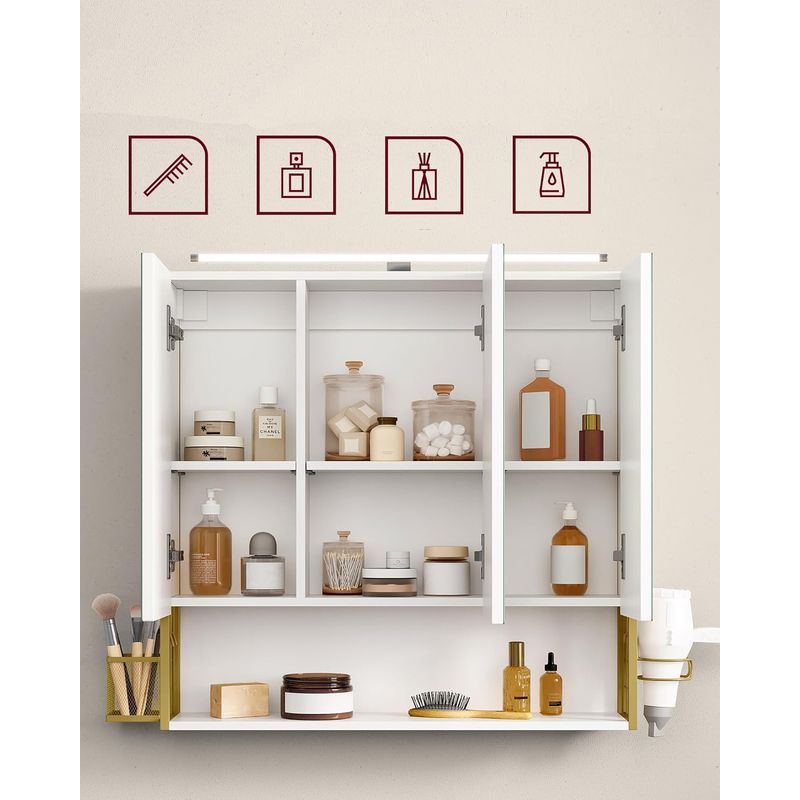 Casa si Gradina - Mobilier - Mobilier baie - Corpuri baie - Dulap de baie de perete, 3 usi cu oglinda, compartiment deschis, 15x70x70 cm, alb auriu - Infinity.ro