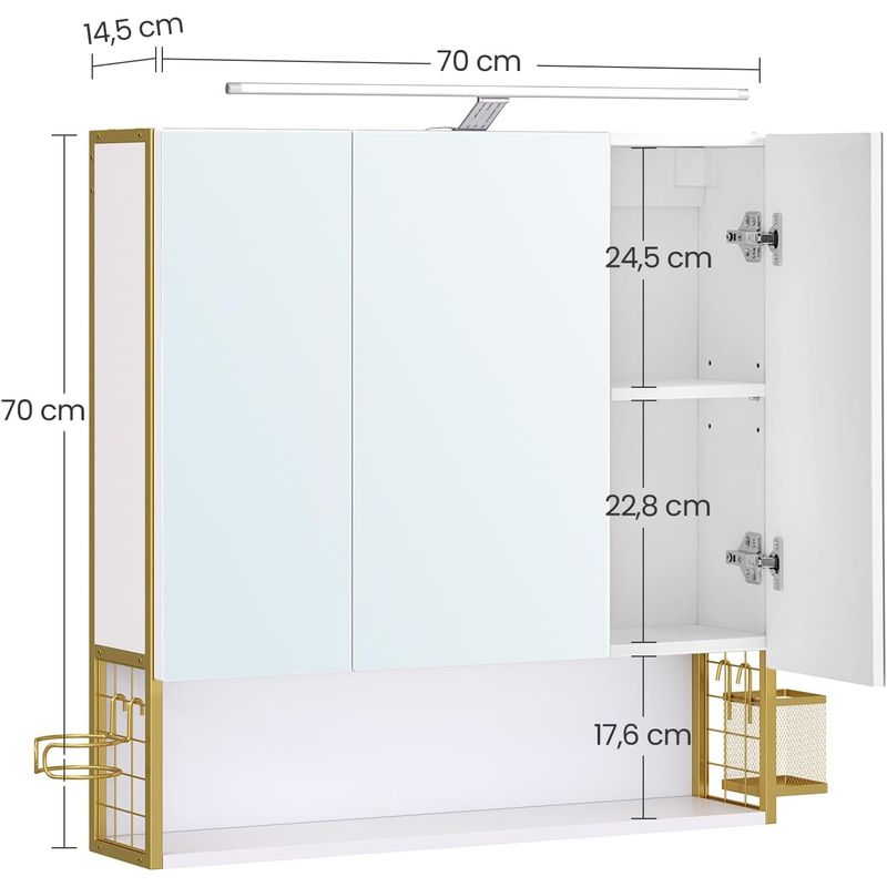 Casa si Gradina - Mobilier - Mobilier baie - Corpuri baie - Dulap de baie de perete, 3 usi cu oglinda, compartiment deschis, 15x70x70 cm, alb auriu - Infinity.ro