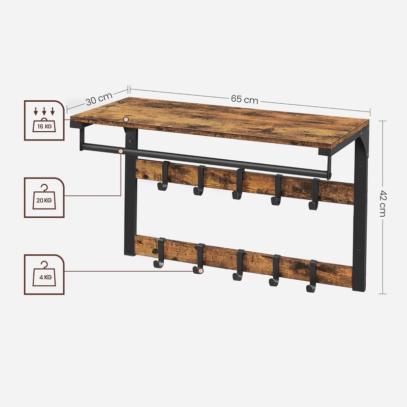 Casa si Gradina - Mobilier - Biblioteci si rafturi - Rafturi - Raft de perete tip cuier, 10 carlige detasabile, sina pentru haine, 30x65x42cm, maro rustic si negru - Infinity.ro