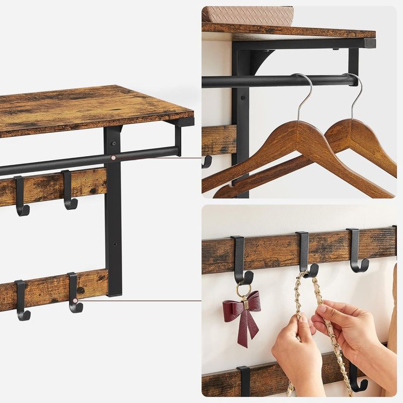 Casa si Gradina - Mobilier - Biblioteci si rafturi - Rafturi - Raft de perete tip cuier, 10 carlige detasabile, sina pentru haine, 30x65x42cm, maro rustic si negru - Infinity.ro