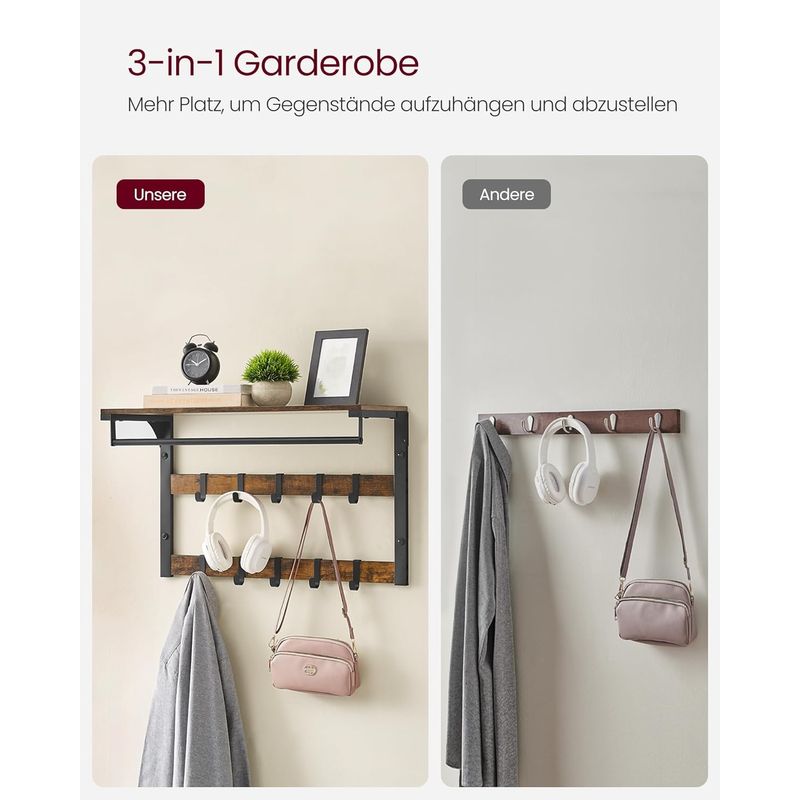 Casa si Gradina - Mobilier - Biblioteci si rafturi - Rafturi - Raft de perete tip cuier, 10 carlige detasabile, sina pentru haine, 30x65x42cm, maro rustic si negru - Infinity.ro