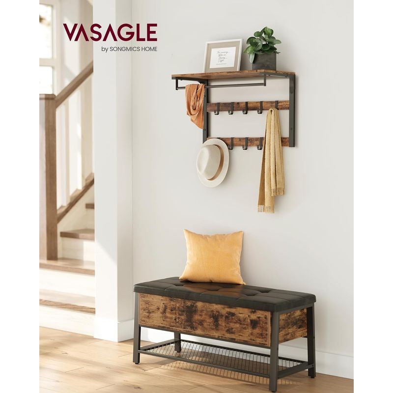 Casa si Gradina - Mobilier - Biblioteci si rafturi - Rafturi - Raft de perete tip cuier, 10 carlige detasabile, sina pentru haine, 30x65x42cm, maro rustic si negru - Infinity.ro