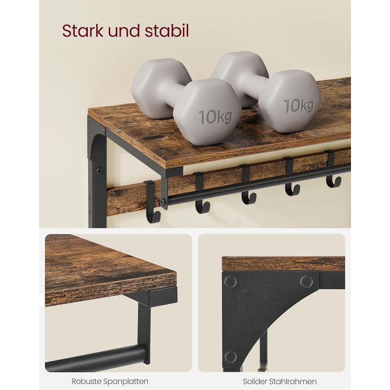 Casa si Gradina - Mobilier - Biblioteci si rafturi - Rafturi - Raft de perete tip cuier, 10 carlige detasabile, sina pentru haine, 30x65x42cm, maro rustic si negru - Infinity.ro