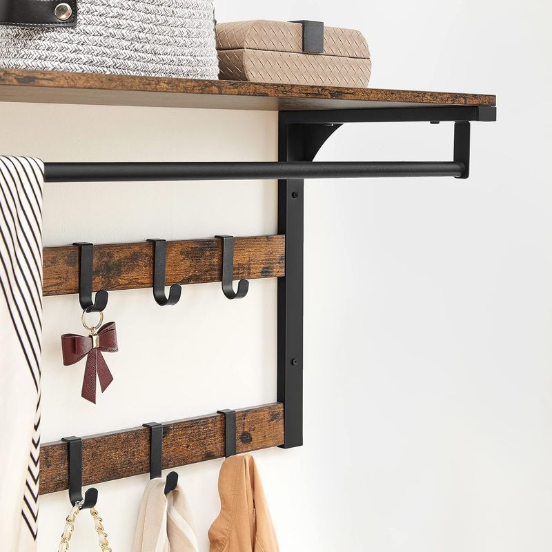Casa si Gradina - Mobilier - Biblioteci si rafturi - Rafturi - Raft de perete tip cuier, 10 carlige detasabile, sina pentru haine, 30x65x42cm, maro rustic si negru - Infinity.ro