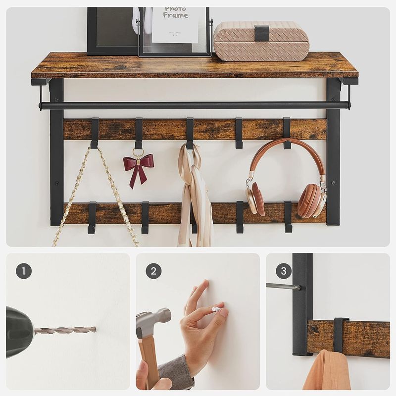 Casa si Gradina - Mobilier - Biblioteci si rafturi - Rafturi - Raft de perete tip cuier, 10 carlige detasabile, sina pentru haine, 30x65x42cm, maro rustic si negru - Infinity.ro