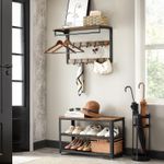 Casa si Gradina - Mobilier - Biblioteci si rafturi - Rafturi - Raft de perete tip cuier, 10 carlige detasabile, sina pentru haine, 30x65x42cm, maro rustic si negru - Infinity.ro