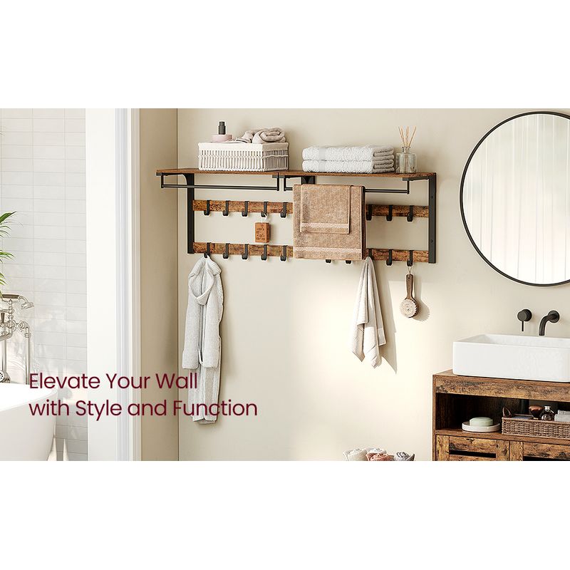 Casa si Gradina - Mobilier - Biblioteci si rafturi - Rafturi - Raft de perete tip cuier, 10 carlige detasabile, sina pentru haine, 30x65x42cm, maro rustic si negru - Infinity.ro