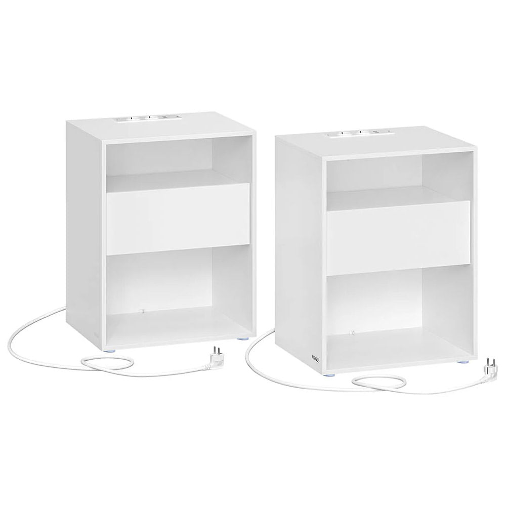 Set 2 noptiere cu porturi USB si prize, sertar si rafturi deschise, 45x35x58 cm, alb mat