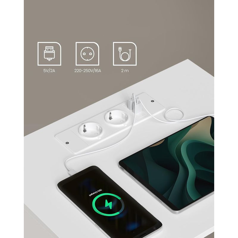 Casa si Gradina - Mobilier - Comode si corpuri - Noptiere - Set 2 noptiere cu porturi USB si prize, sertar si rafturi deschise, 45x35x58 cm, alb mat - Infinity.ro