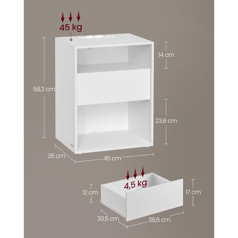 Casa si Gradina - Mobilier - Comode si corpuri - Noptiere - Set 2 noptiere cu porturi USB si prize, sertar si rafturi deschise, 45x35x58 cm, alb mat - Infinity.ro