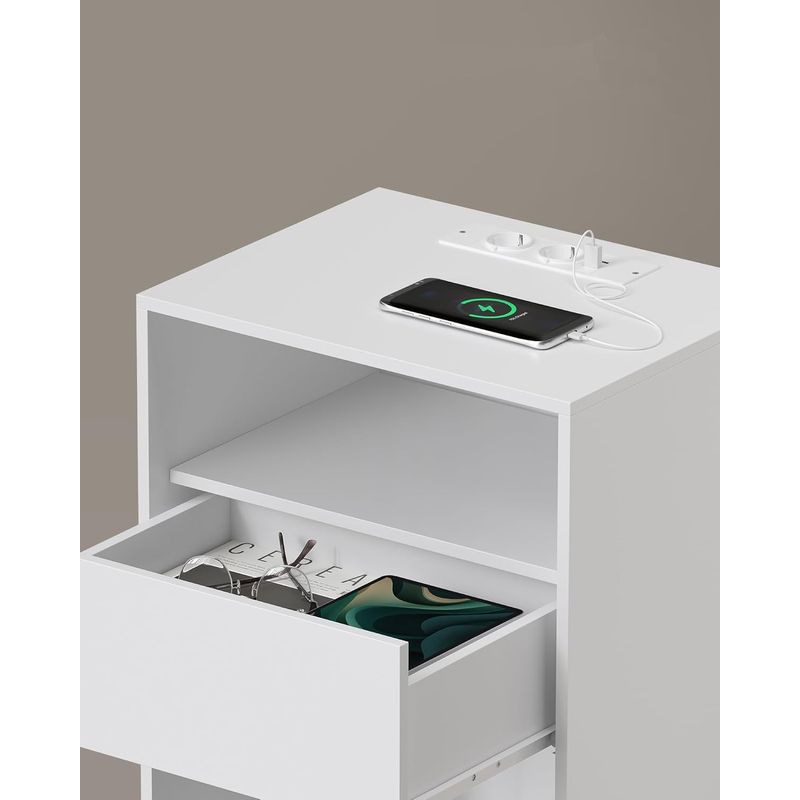 Casa si Gradina - Mobilier - Comode si corpuri - Noptiere - Set 2 noptiere cu porturi USB si prize, sertar si rafturi deschise, 45x35x58 cm, alb mat - Infinity.ro