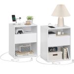 Casa si Gradina - Mobilier - Comode si corpuri - Noptiere - Set 2 noptiere cu porturi USB si prize, sertar si rafturi deschise, 45x35x58 cm, alb mat - Infinity.ro