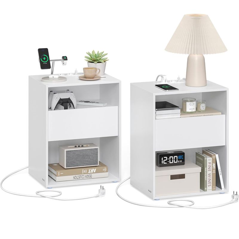 Casa si Gradina - Mobilier - Comode si corpuri - Noptiere - Set 2 noptiere cu porturi USB si prize, sertar si rafturi deschise, 45x35x58 cm, alb mat - Infinity.ro