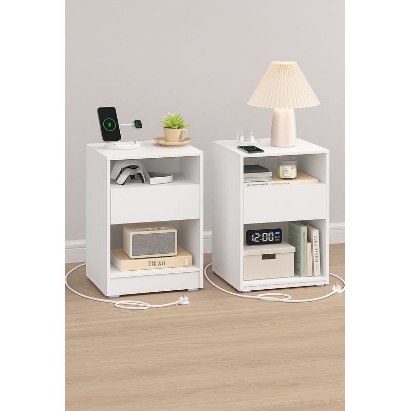 Casa si Gradina - Mobilier - Comode si corpuri - Noptiere - Set 2 noptiere cu porturi USB si prize, sertar si rafturi deschise, 45x35x58 cm, alb mat - Infinity.ro