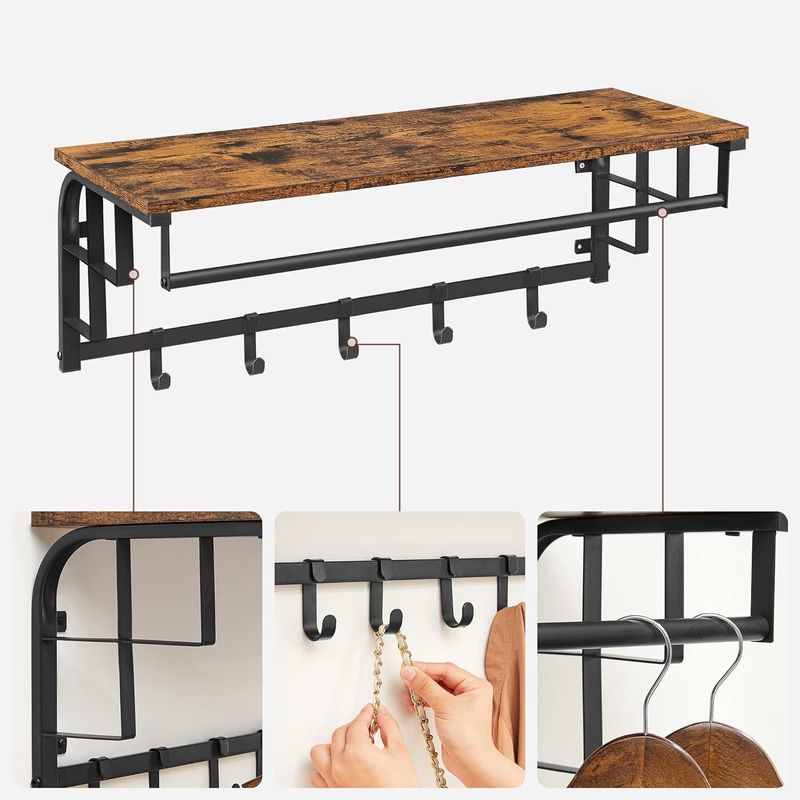 Casa si Gradina - Mobilier - Organizare si depozitare - Cuiere - Cuier de perete cu raft de depozitare, 5 carlige, 30x80x27 cm, maro rustic - Infinity.ro