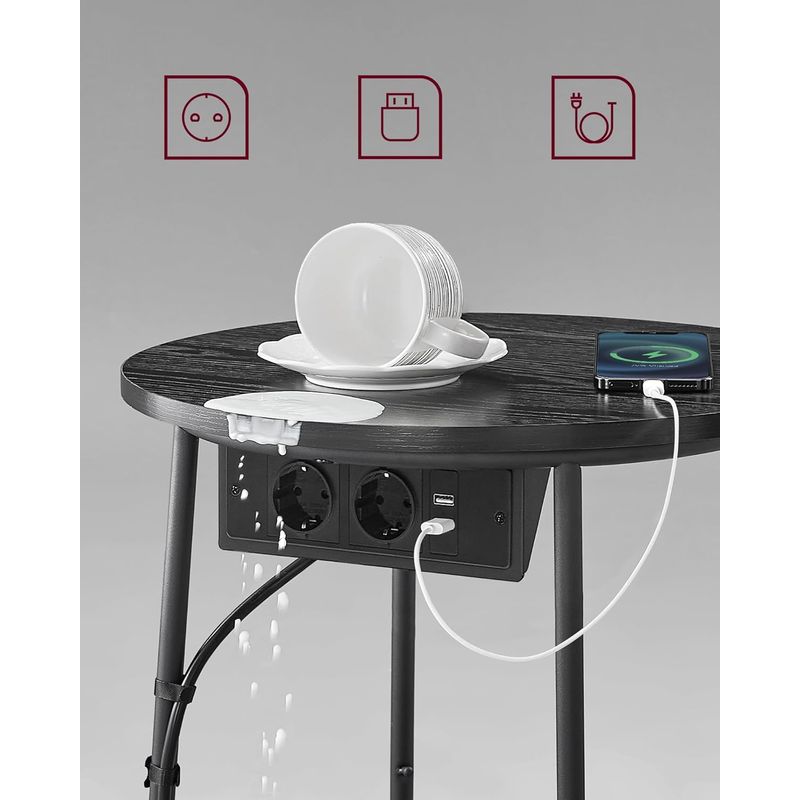 Casa si Gradina - Mobilier - Mese si birouri - Masute de cafea - Masuta de cafea rotunda cu cos de stofa, statie de incarcare 2 prize si 2 USB, 45x50cm, negru - Infinity.ro