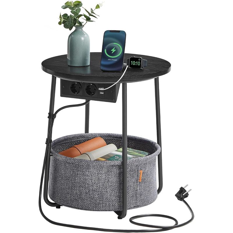 Casa si Gradina - Mobilier - Mese si birouri - Masute de cafea - Masuta de cafea rotunda cu cos de stofa, statie de incarcare 2 prize si 2 USB, 45x50cm, negru - Infinity.ro