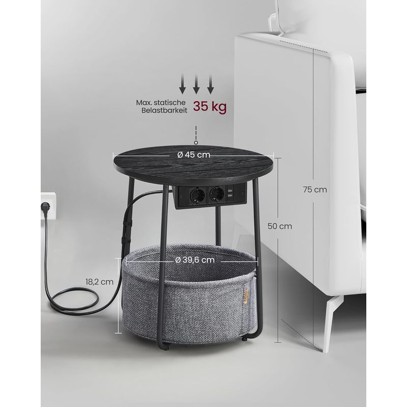 Casa si Gradina - Mobilier - Mese si birouri - Masute de cafea - Masuta de cafea rotunda cu cos de stofa, statie de incarcare 2 prize si 2 USB, 45x50cm, negru - Infinity.ro