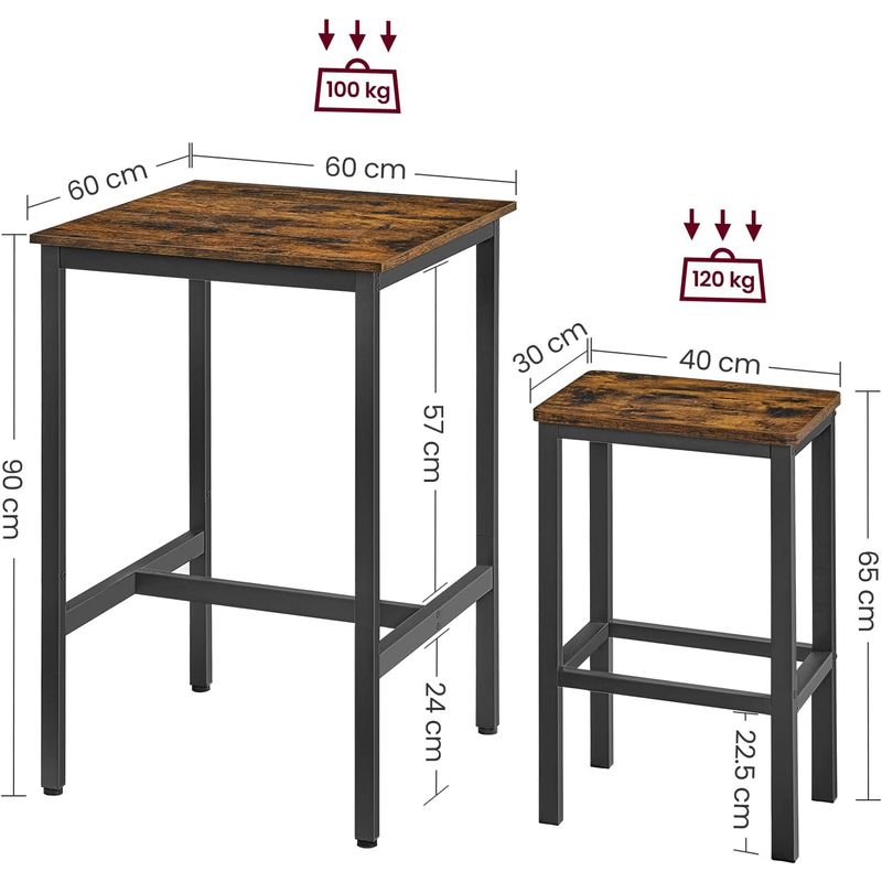 Casa si Gradina - Mobilier - Mese si birouri - Mese bucatarie si dining - Set masa si scaune de bar, masa 60x60x90cm si 2 scaune 30x40x65cm, stil industrial, maro rustic - Infinity.ro