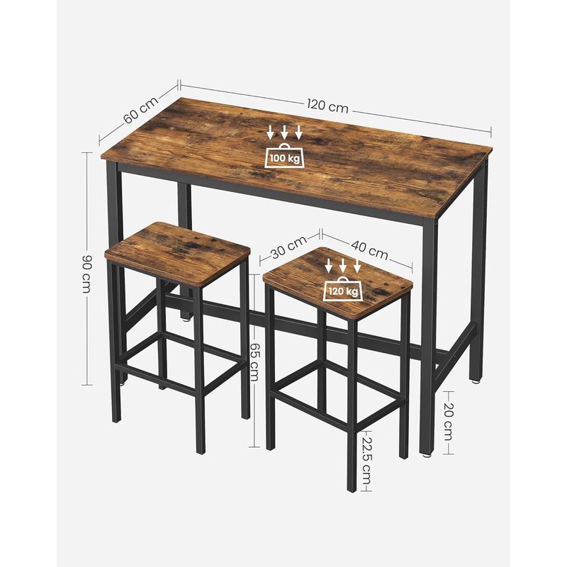 Casa si Gradina - Mobilier - Mese si birouri - Mese living - Set masa de bar cu 2 scaune, cadru din otel, blat lemn, stil industrial, 120x60x90cm, maro rustic - Infinity.ro