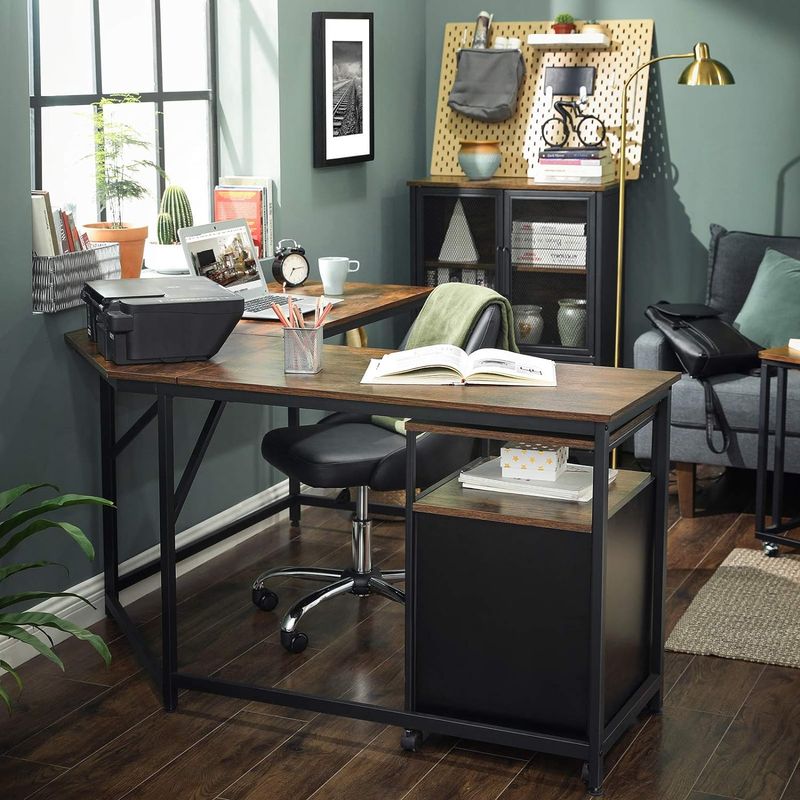 Casa si Gradina - Mobilier - Mese si birouri - Birouri - Birou de colt in forma de L, cadru din otel, 149x149x75cm, industrial, maro rustic si negru - Infinity.ro