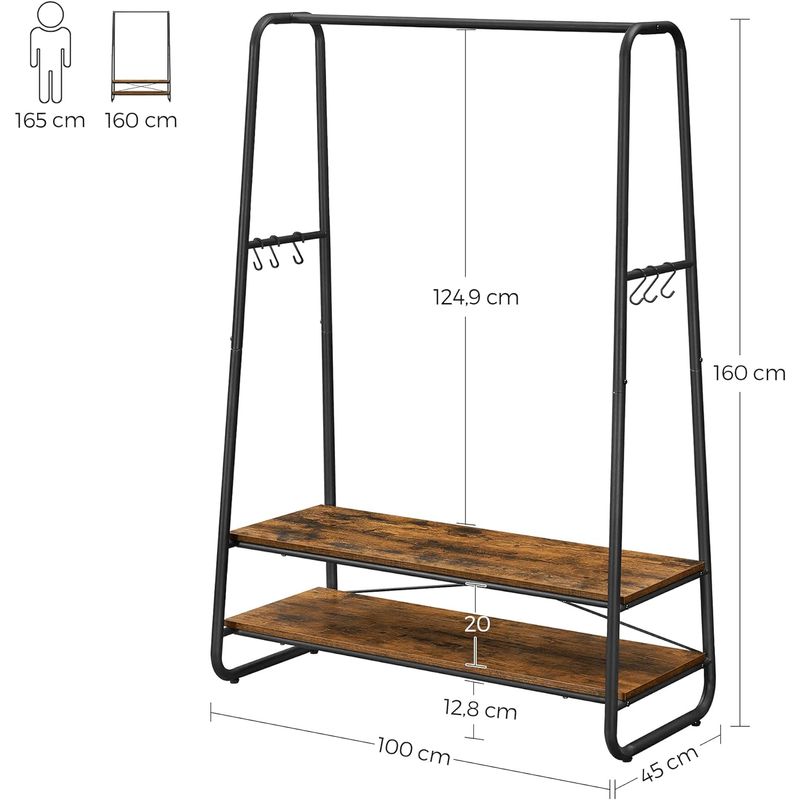 Casa si Gradina - Mobilier - Organizare si depozitare - Cuiere - Raft pentru haine cu suport pentru pantofi, 2 polite, 6 carlige laterale, 45x100x160cm, maro rustic - Infinity.ro