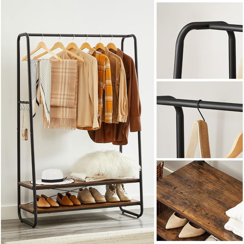 Casa si Gradina - Mobilier - Organizare si depozitare - Cuiere - Raft pentru haine cu suport pentru pantofi, 2 polite, 6 carlige laterale, 45x100x160cm, maro rustic - Infinity.ro