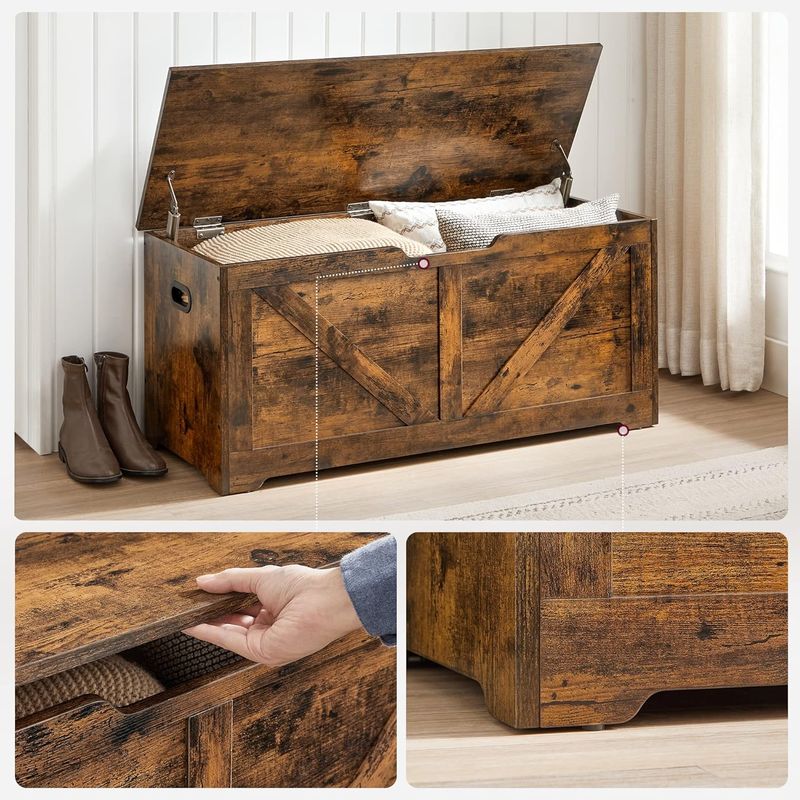 Casa si Gradina - Gradina si terasa - Mobilier exterior - Dulapuri si lazi depozitare exterior - Banca de depozitare tip cufar, cu 2 balamale de siguranta, stil hambar, 40x100x46cm, maro rustic - Infinity.ro