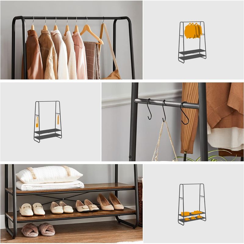 Casa si Gradina - Mobilier - Organizare si depozitare - Cuiere - Raft pentru haine cu suport pentru pantofi, 2 polite, 6 carlige laterale, 45x100x160cm, maro rustic - Infinity.ro
