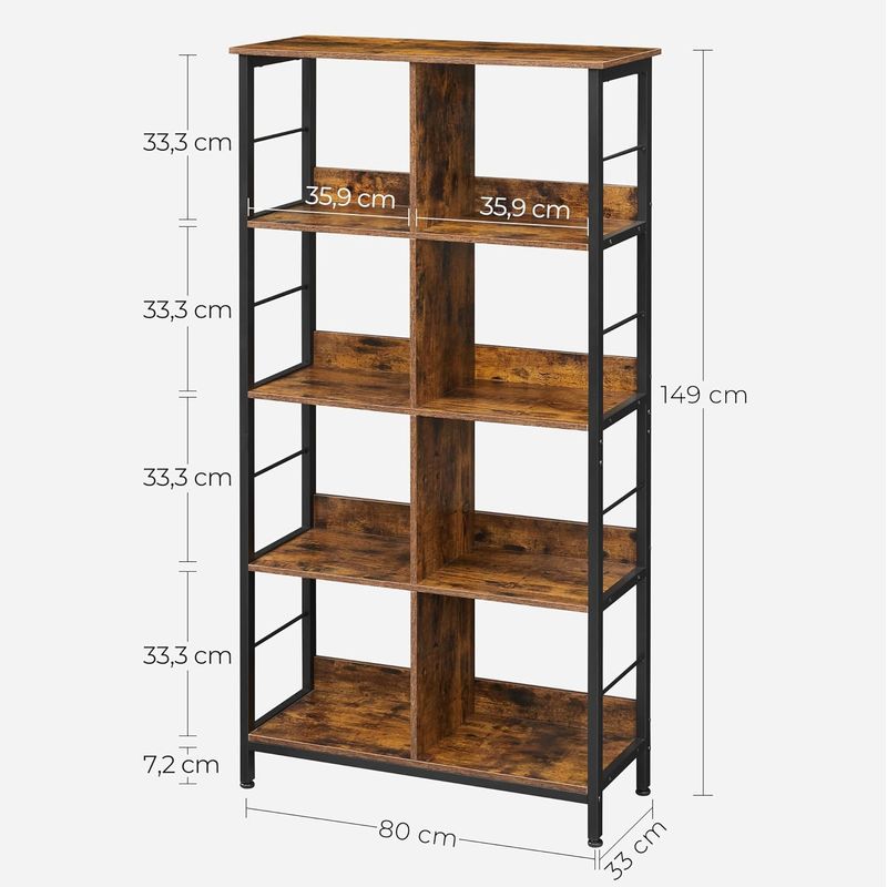 Casa si Gradina - Mobilier - Biblioteci si rafturi - Biblioteci - Biblioteca cu rafturi deschise, 8 compartimente, design industrial, 80x33x149cm, maro retro si negru - Infinity.ro