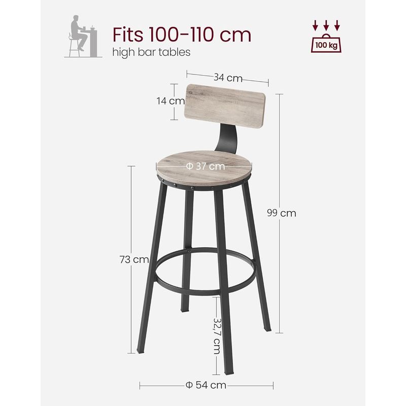 Casa si Gradina - Mobilier - Scaune si fotolii - Scaune - Set de 2 scaune de bar inalte cu spatar, cadru din otel, industrial, 54x99cm, gri stejar - Infinity.ro