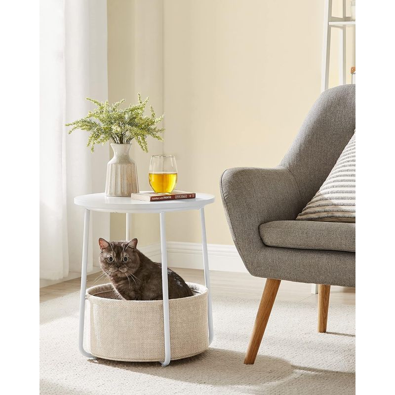 Casa si Gradina - Mobilier - Mese si birouri - Masute de cafea - Masuta de cafea rotunda cu cos de stofa, stil modern, 45x50cm, alb cu bej - Infinity.ro