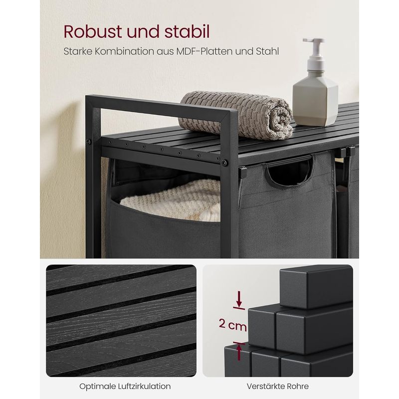 Market - Spalare si intretinere rufe - Uscatoare de rufe si accesorii - Cos de rufe, 3 compartimente, saci de rufe detasabili, raft, cadru metalic, 3x38L, 93x33x72 cm, negru - Infinity.ro