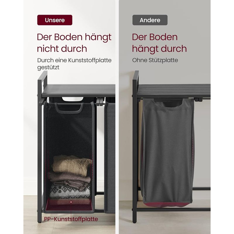 Market - Spalare si intretinere rufe - Uscatoare de rufe si accesorii - Cos de rufe, 3 compartimente, saci de rufe detasabili, raft, cadru metalic, 3x38L, 93x33x72 cm, negru - Infinity.ro