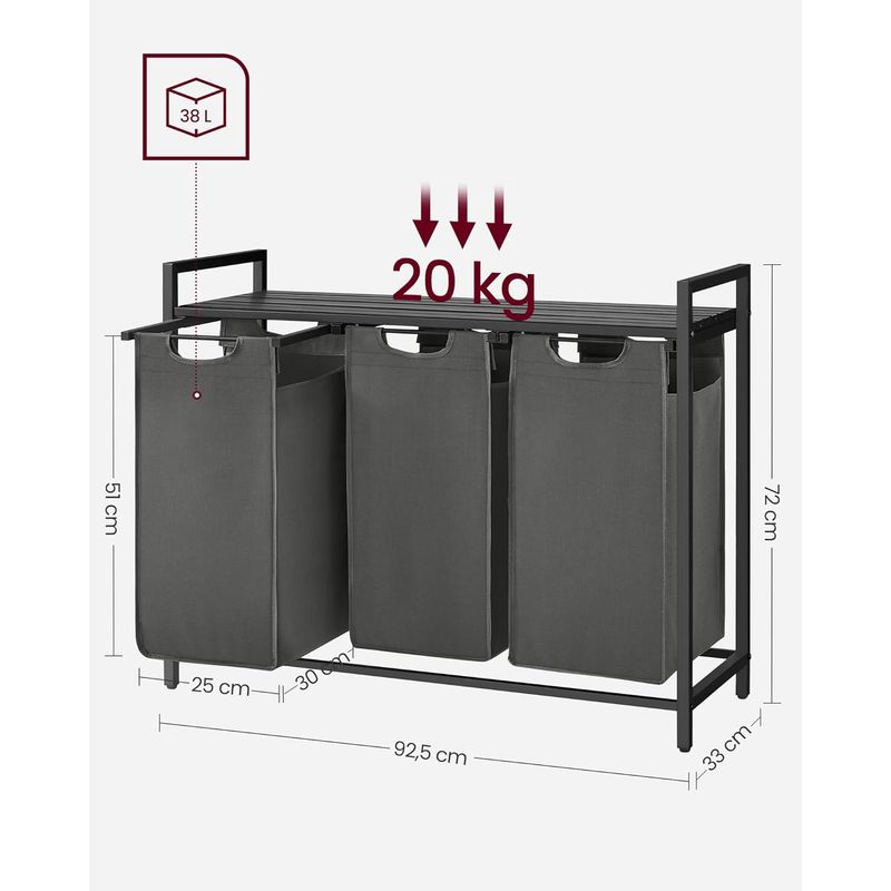 Market - Spalare si intretinere rufe - Uscatoare de rufe si accesorii - Cos de rufe, 3 compartimente, saci de rufe detasabili, raft, cadru metalic, 3x38L, 93x33x72 cm, negru - Infinity.ro