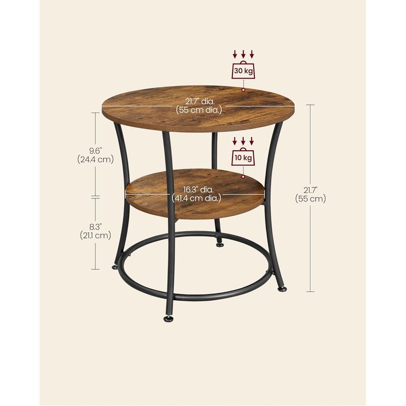 Casa si Gradina - Mobilier - Mese si birouri - Masute de cafea - Masuta laterala rotunda, tip noptiera, cu 2 rafturi, cadru de otel, 55x55cm, maro rustic - Infinity.ro