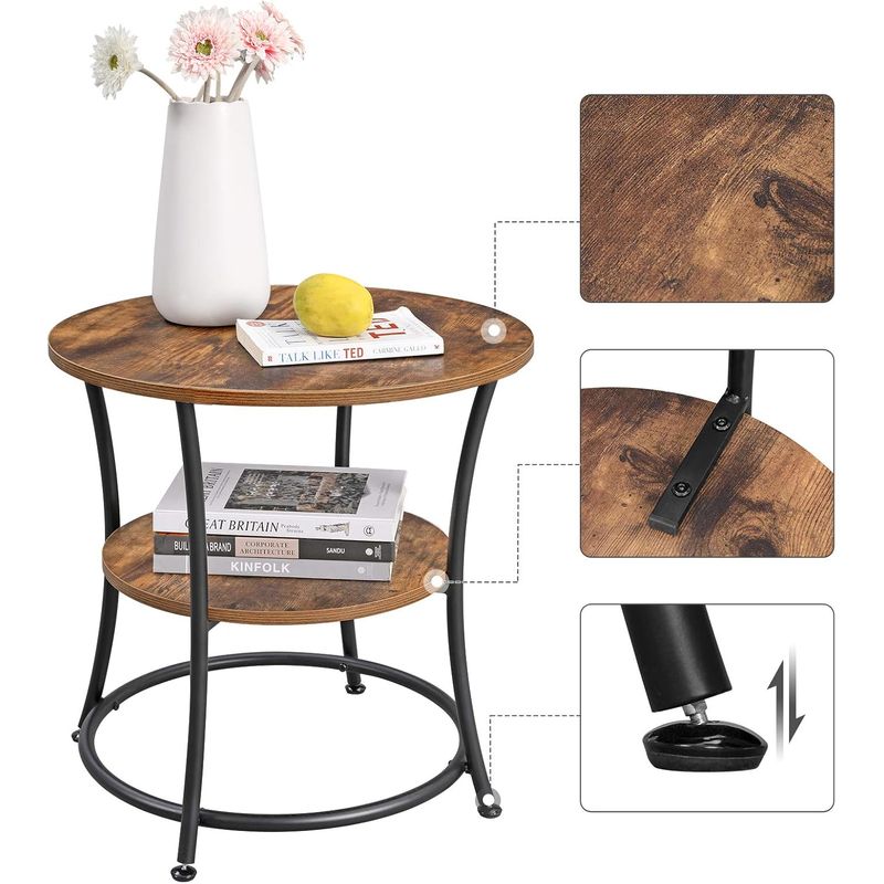 Casa si Gradina - Mobilier - Mese si birouri - Masute de cafea - Masuta laterala rotunda, tip noptiera, cu 2 rafturi, cadru de otel, 55x55cm, maro rustic - Infinity.ro