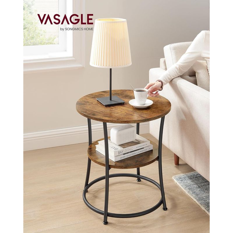 Casa si Gradina - Mobilier - Mese si birouri - Masute de cafea - Masuta laterala rotunda, tip noptiera, cu 2 rafturi, cadru de otel, 55x55cm, maro rustic - Infinity.ro